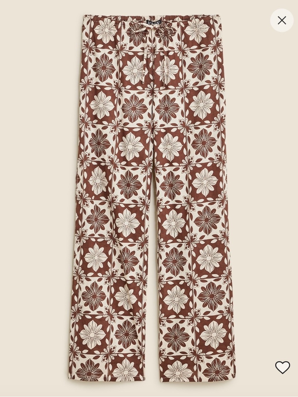 J. Crew Relaxed beach pants in Brown & Cream Floral Tile.